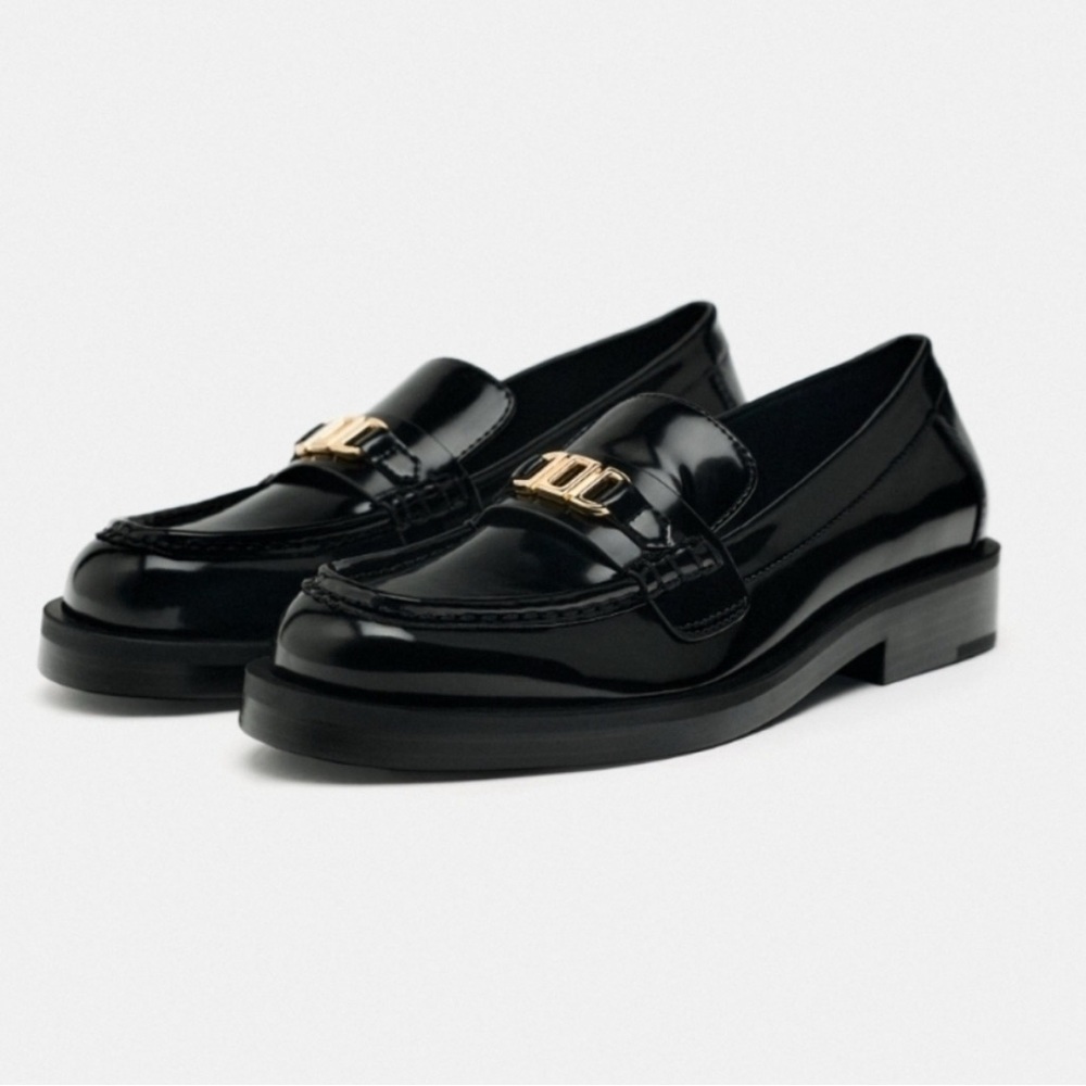Zara Black Patent Leather Loafers with Gold Hardware